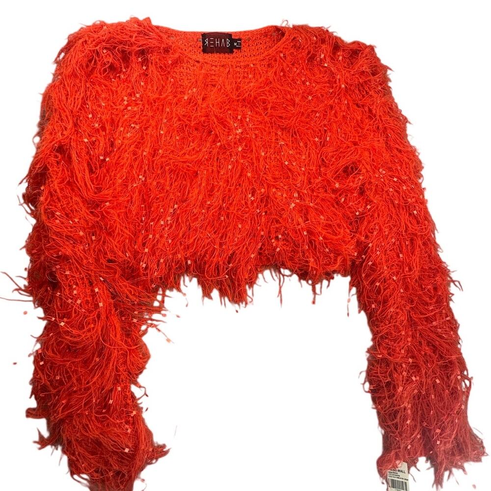 REHAB Shaggy Fringe Knit Cropped Sweater Red Long Sleeve